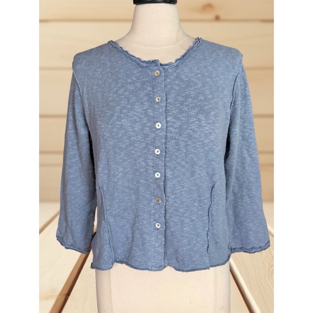 Willow 100% Cotton Slub Knit Cardigan Sweater Sz M Soft Blue Shorter w Ruffle